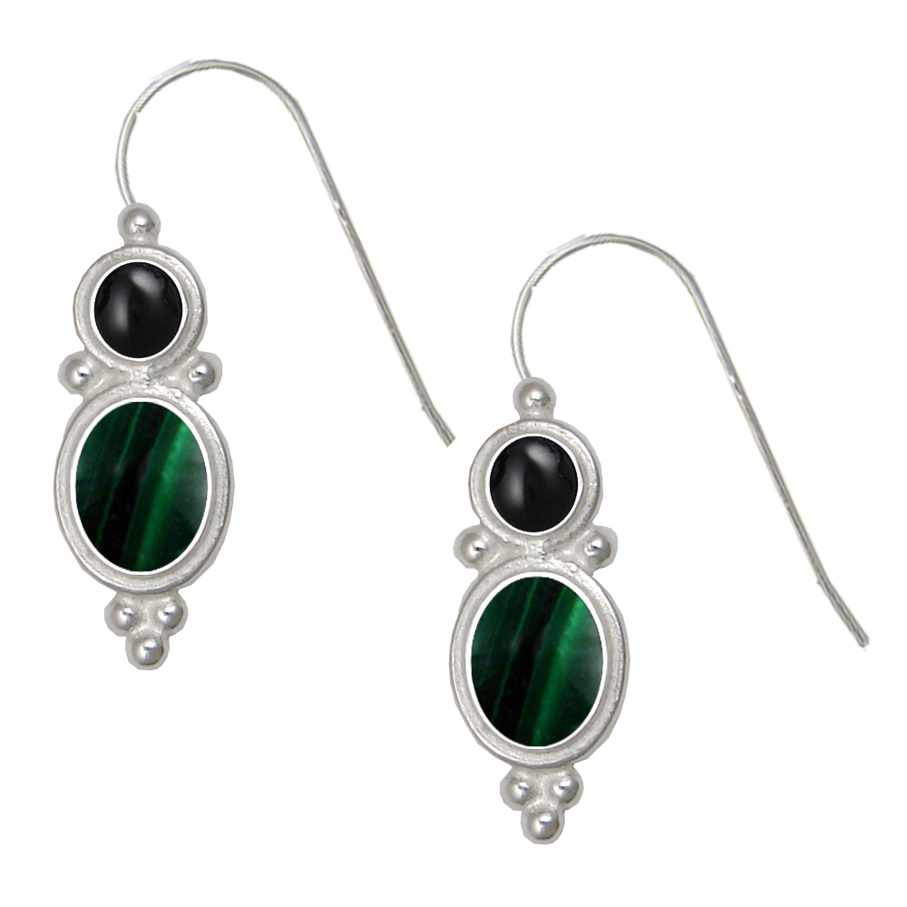 Sterling Silver Drop Dangle Earrings Malachite And Black Onyx